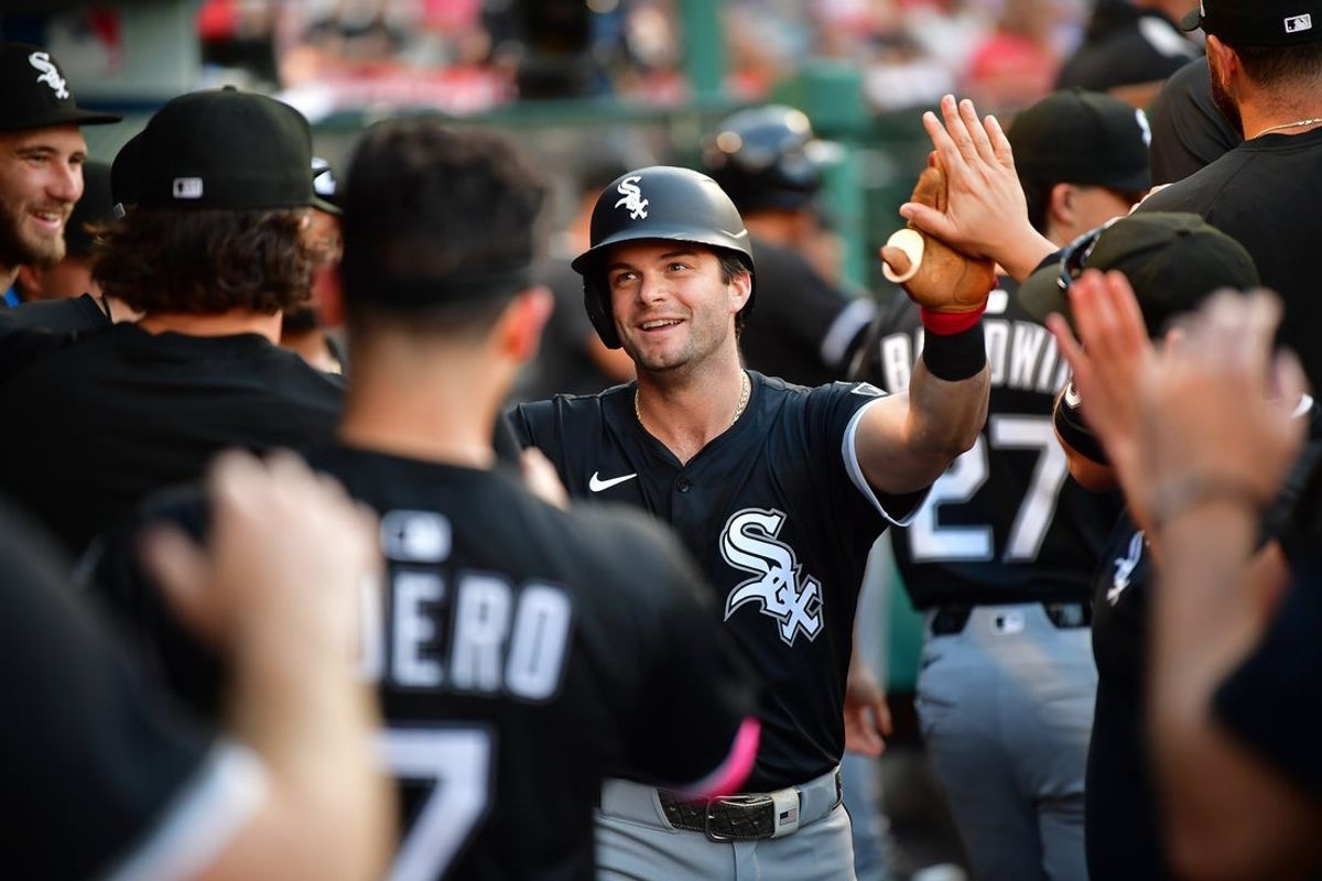 Aug 1, 2025; Anaheim, California, USA; Chicago White Sox designated hitter Andrew Benintendi (23) is greeted after hitting a solo home run against the Los Angeles Angels during the second inning at Angel Stadium. Mandatory Credit: Gary A. Vasquez-Imagn Images