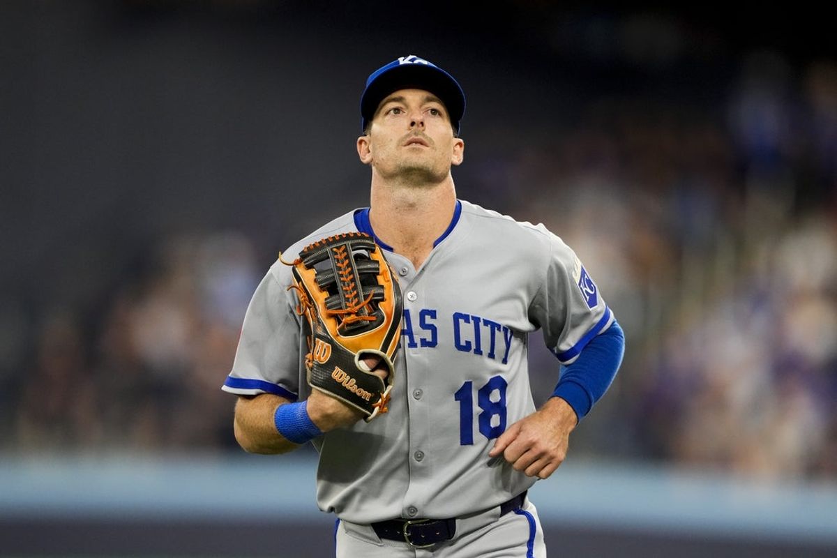 Aug 1, 2025; Toronto, Ontario, CAN; Kansas City Royals right fielder Mike Yastrzemski (18) runs to the dugout during the fifth inning in their MLB game against the Toronto Blue Jays at Rogers Centre. Mandatory Credit: Kevin Sousa-Imagn Images