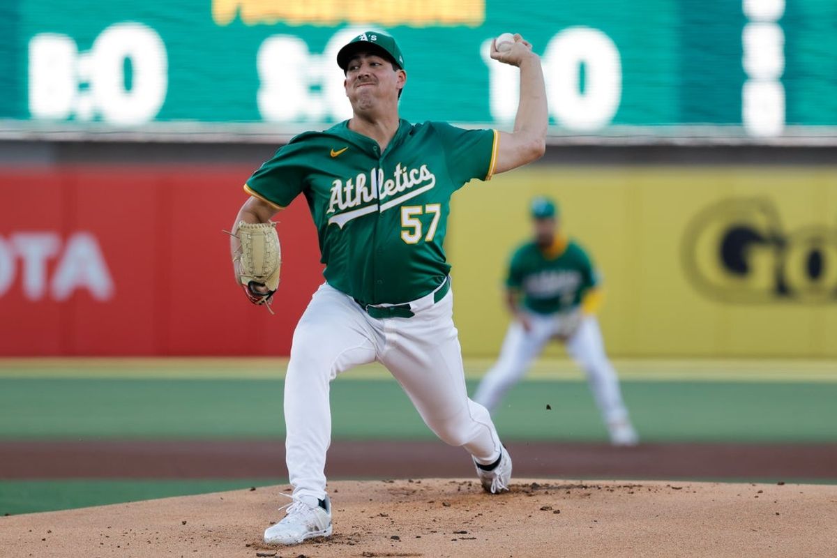 Aug 1, 2025; West Sacramento, California, USA; Athletics starting pitcher Jacob Lopez (57) throws a pitch during the first inning against the Arizona Diamondbacks at Sutter Health Park. Mandatory Credit: Sergio Estrada-Imagn Images