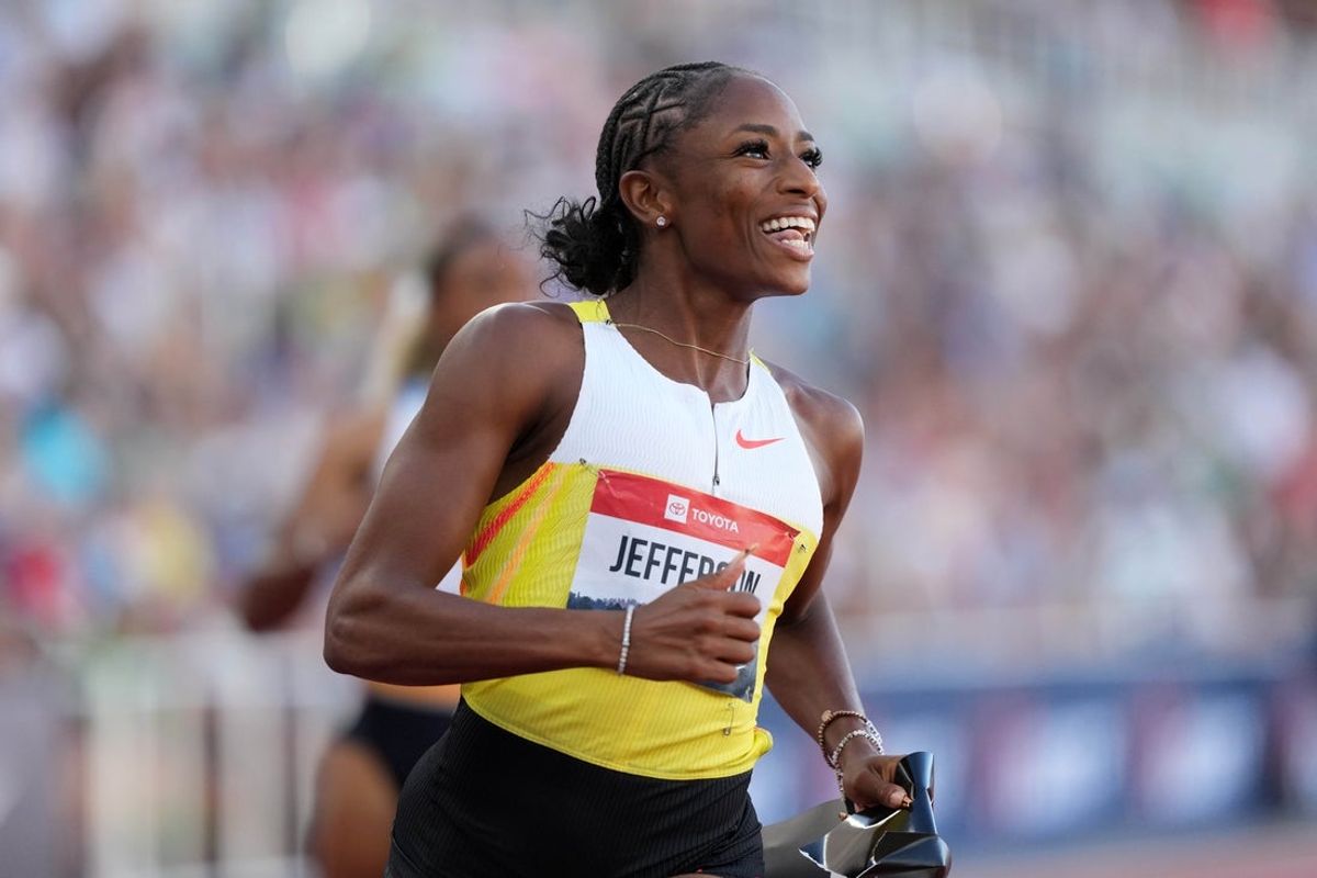 Aug 1, 2025; Eugene, OR, USA; Melissa Jefferson-Wooden wins the women's 100m in 10.65 during the USATF Championships at Hayward Field. Mandatory Credit: Kirby Lee-Imagn Images