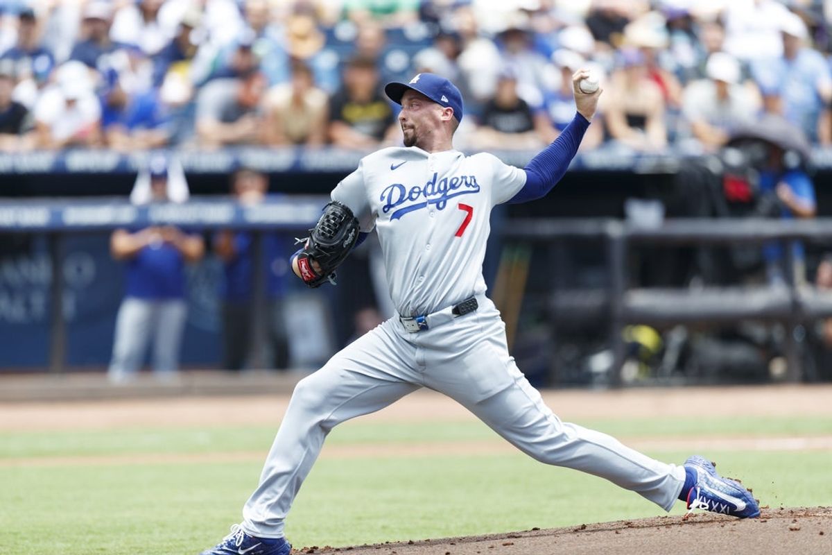 Aug 2, 2025; St. Petersburg, Florida, USA; Los Angeles Dodgers starting pitcher Blake Snell (7) throws a pitch against the Tampa Bay Rays during the second inning at George M. Steinbrenner Field. Mandatory Credit: Morgan Tencza-Imagn Images
