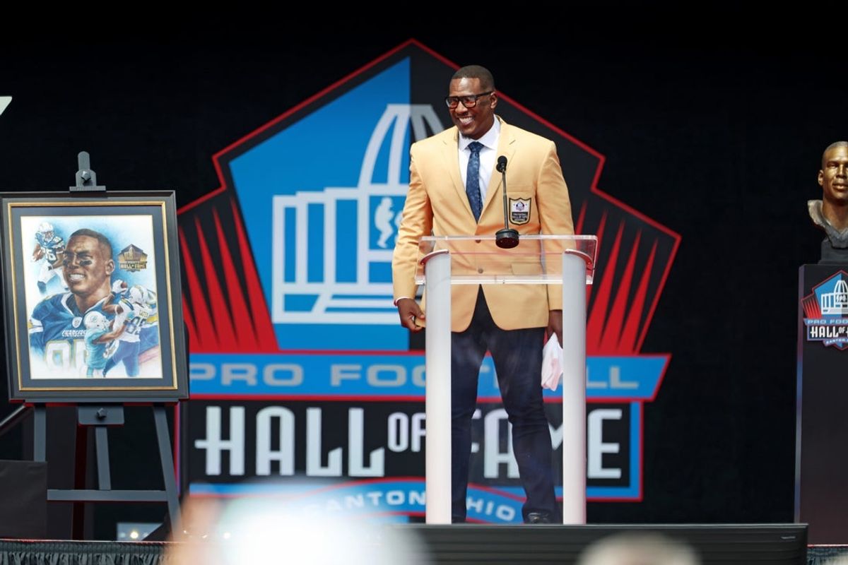 Aug 2, 2025; Canton, OH, USA;  Pro Football Hall of Fame-Class of 2025 enshrinee Antonio Gates gives his acceptance speech at Tom Benson Hall of Fame Stadium. Mandatory Credit: Charles LeClaire-Imagn Images