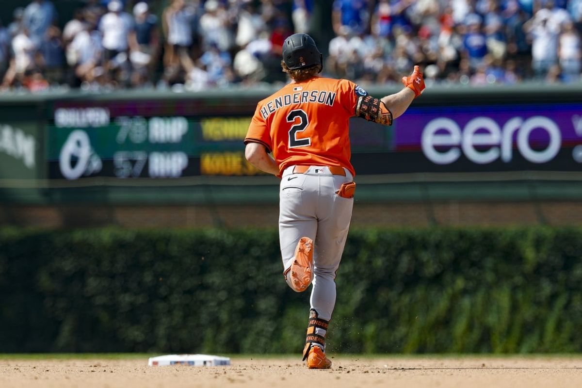 Aug 2, 2025; Chicago, Illinois, USA; Baltimore Orioles shortstop Gunnar Henderson (2) rounds the bases after hitting a three-run home run against the Chicago Cubs during the eight inning at Wrigley Field. Mandatory Credit: Kamil Krzaczynski-Imagn Images