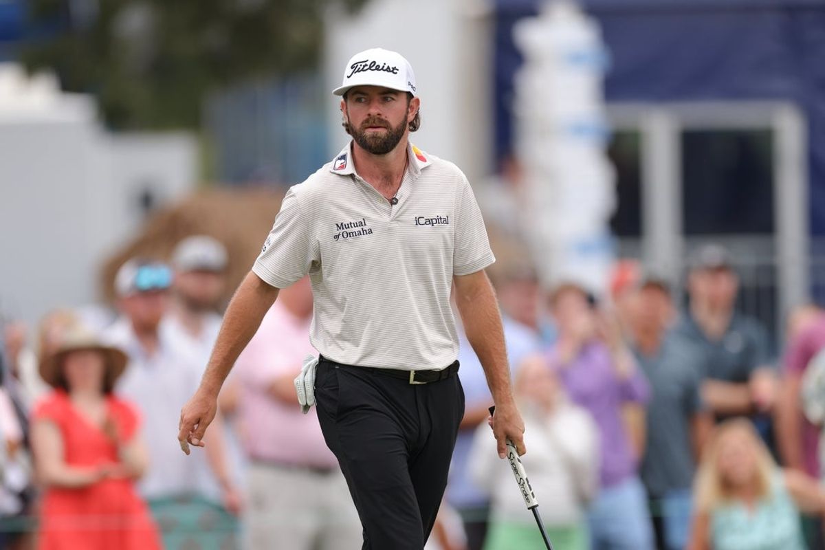 Aug 2, 2025; Greensboro, North Carolina, USA; Cameron Young walks on the 9th green during the third round of the Wyndham Championship golf tournament. Mandatory Credit: Allison Lawhon-Imagn Images