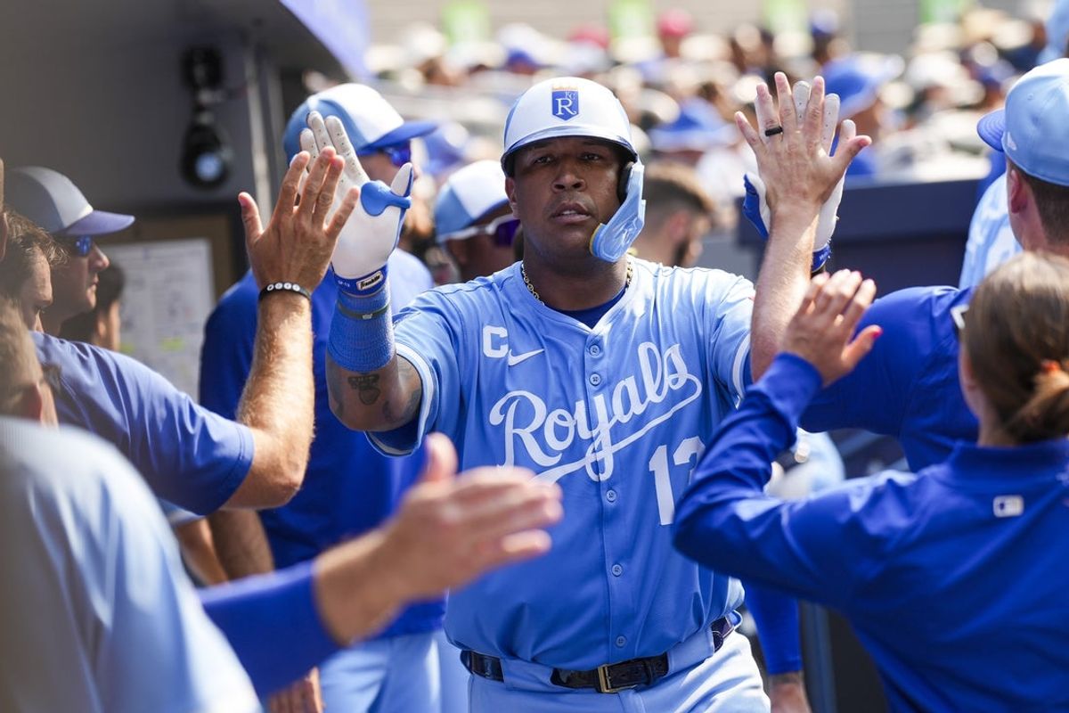 Aug 2, 2025; Toronto, Ontario, CAN; Kansas City Royals catcher Salvador Perez (13) celebrates hitting a home run against the Toronto Blue Jays during the sixth inning at Rogers Centre. Mandatory Credit: Kevin Sousa-Imagn Images