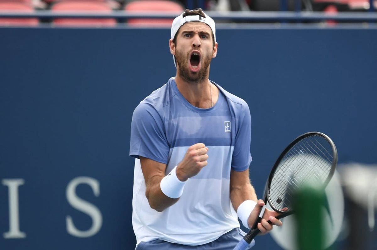 Aug 2, 2025; Toronto, ON, Canada; Karen Khachanov reacts after winning a game against Casper Ruud (NOR) during fourth round play at Sobeys Stadium. Mandatory Credit: Dan Hamilton-Imagn Images