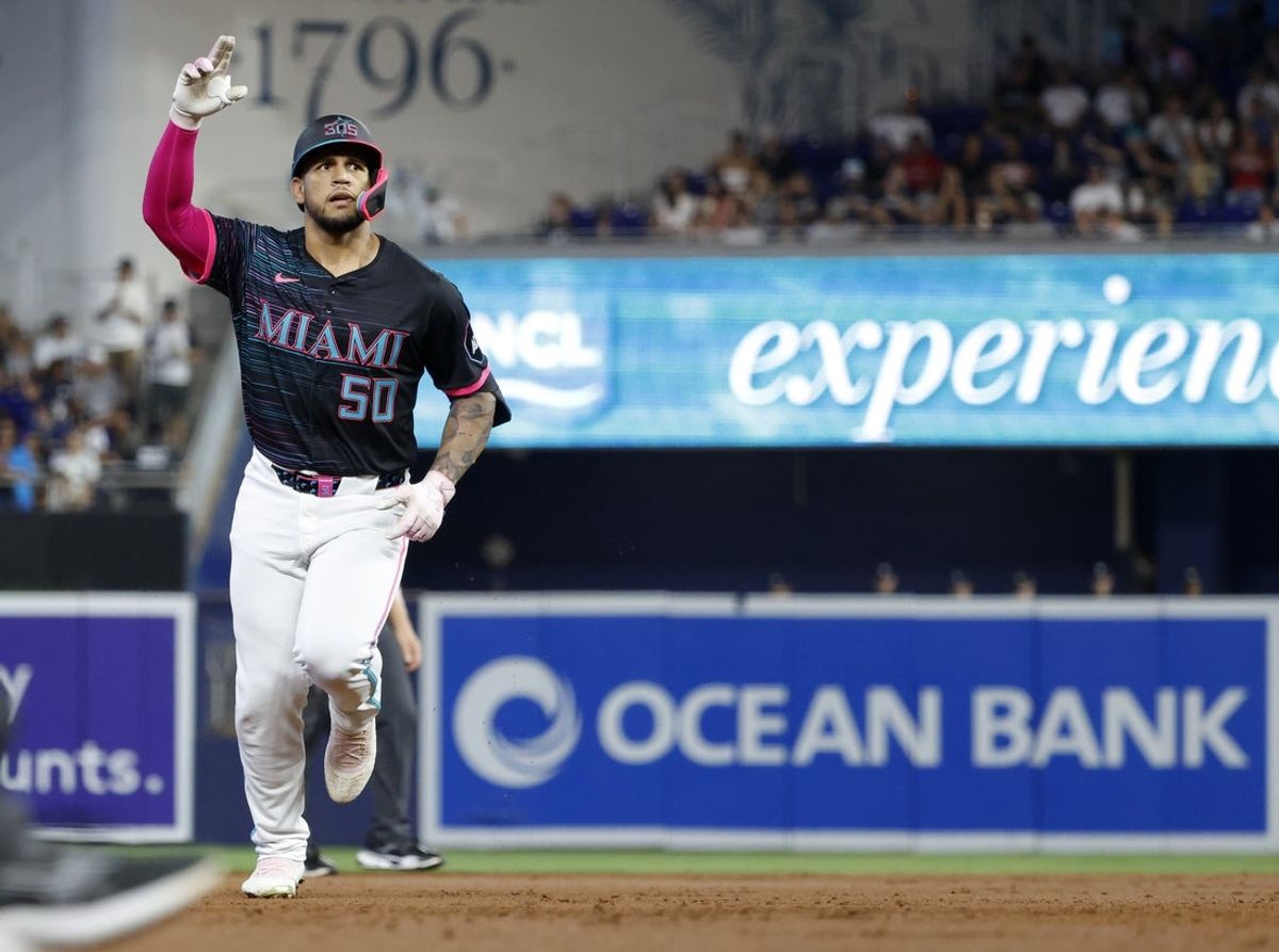 Aug 2, 2025; Miami, Florida, USA;  Miami Marlins catcher Agustin Ramirez (50) reacts to his home run against the New York Yankees during the first inning at loanDepot Park. Mandatory Credit: Rhona Wise-Imagn Images