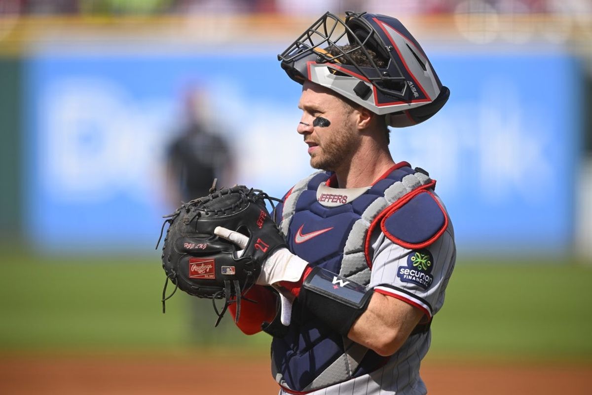Aug 2, 2025; Cleveland, Ohio, USA; Minnesota Twins catcher Ryan Jeffers (27) stands on the field in the second inning against the Cleveland Guardians at Progressive Field. Mandatory Credit: David Richard-Imagn Images