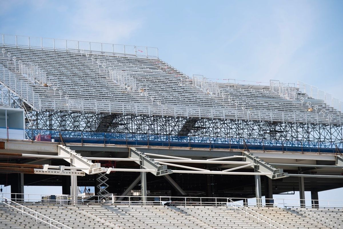 With less than a month before the season opener, construction on temporary bleachers continues at Penn State's Beaver Stadium on Saturday, August 2, 2025, in State College.