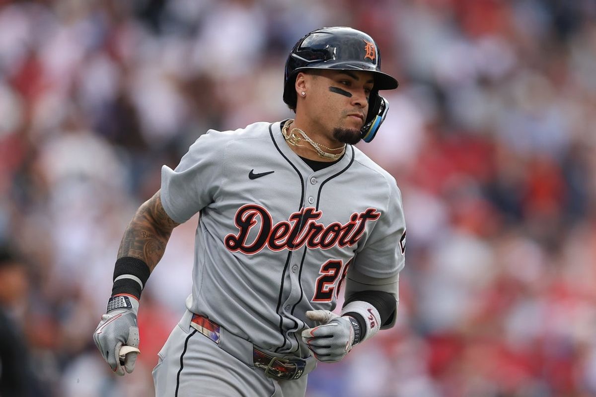 Aug 2, 2025; Philadelphia, Pennsylvania, USA; Detroit Tigers outfielder Javier Baez (28) runs the bases after hitting a two RBI against the Philadelphia Phillies during the seventh inning at Citizens Bank Park. Mandatory Credit: Bill Streicher-Imagn Images