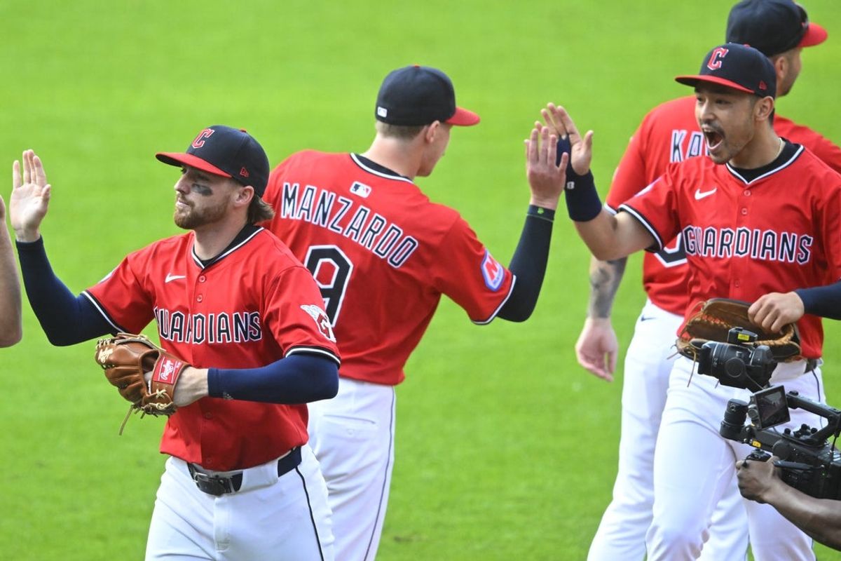 Aug 2, 2025; Cleveland, Ohio, USA; The Cleveland Guardians celebrate a win over the Minnesota Twins at Progressive Field. Mandatory Credit: David Richard-Imagn Images