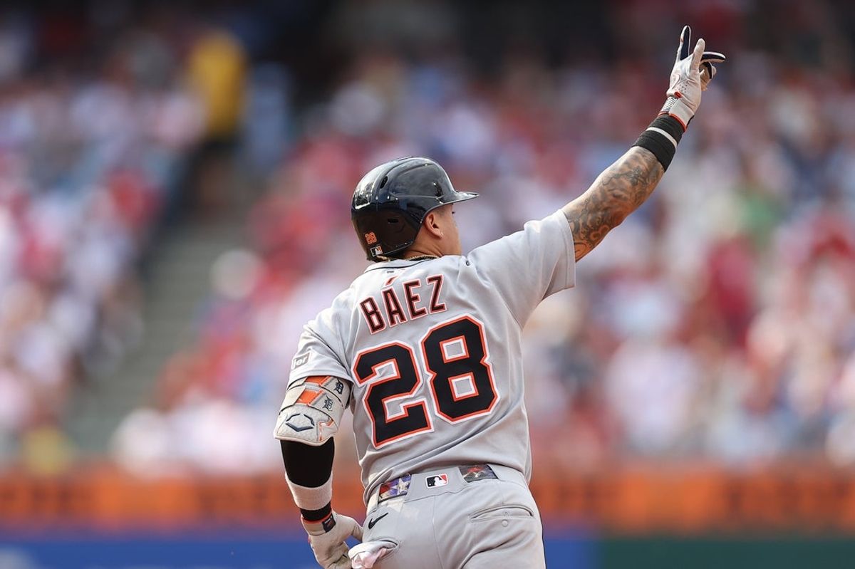Aug 2, 2025; Philadelphia, Pennsylvania, USA; Detroit Tigers outfielder Javier Baez (28) runs the bases after hitting a two RBI against the Philadelphia Phillies during the seventh inning at Citizens Bank Park. Mandatory Credit: Bill Streicher-Imagn Images