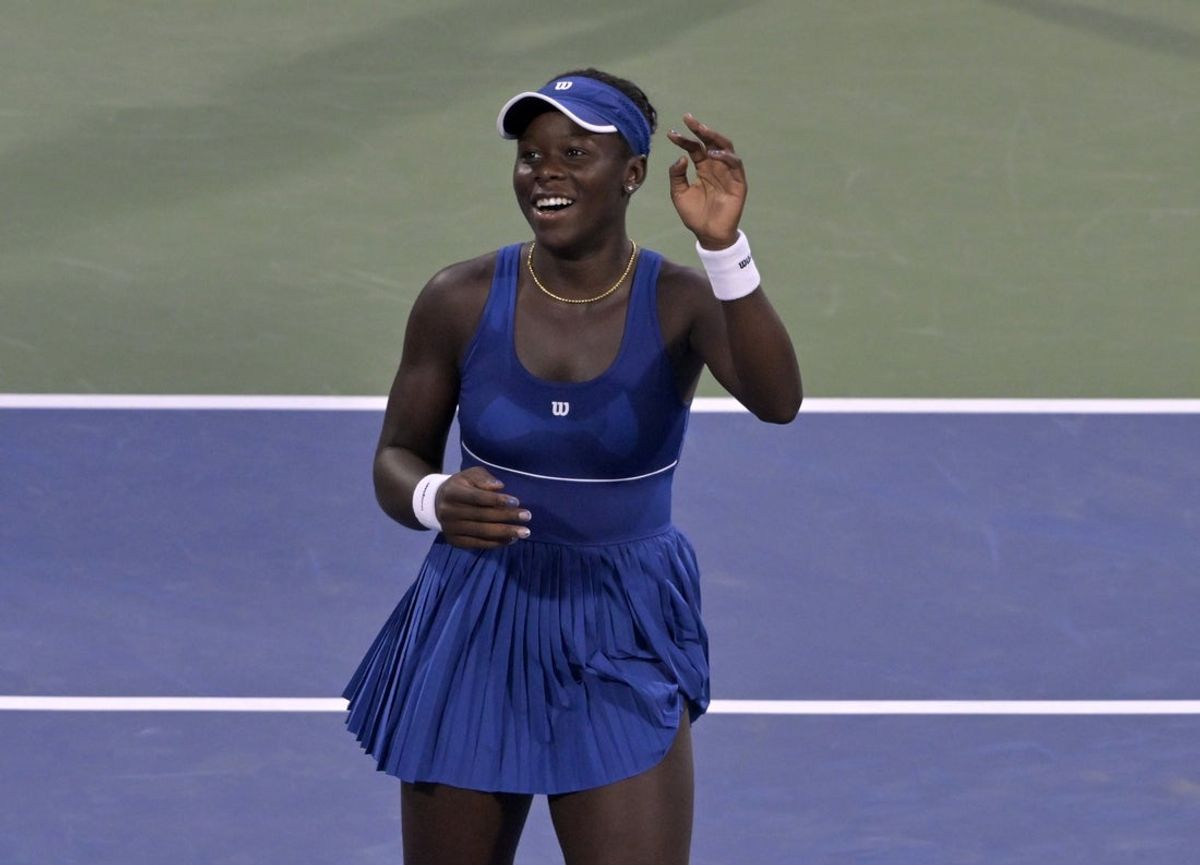 Aug 2, 2025; Montreal, QC, Canada; Victoria Mboko (CAN) reacts after winning against Coco Gauff (USA) in fourth round play at IGA Stadium. Mandatory Credit: Eric Bolte-Imagn Images