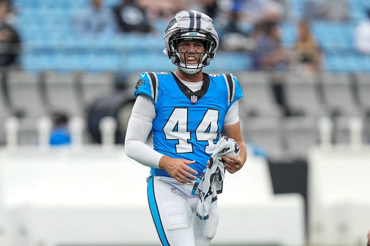 Aug 2, 2025; Charlottle, NC, USA; Carolina Panthers long snapper JJ Jansen (44) during Fanfest at Bank of America Stadium. Mandatory Credit: Jim Dedmon-Imagn Images
