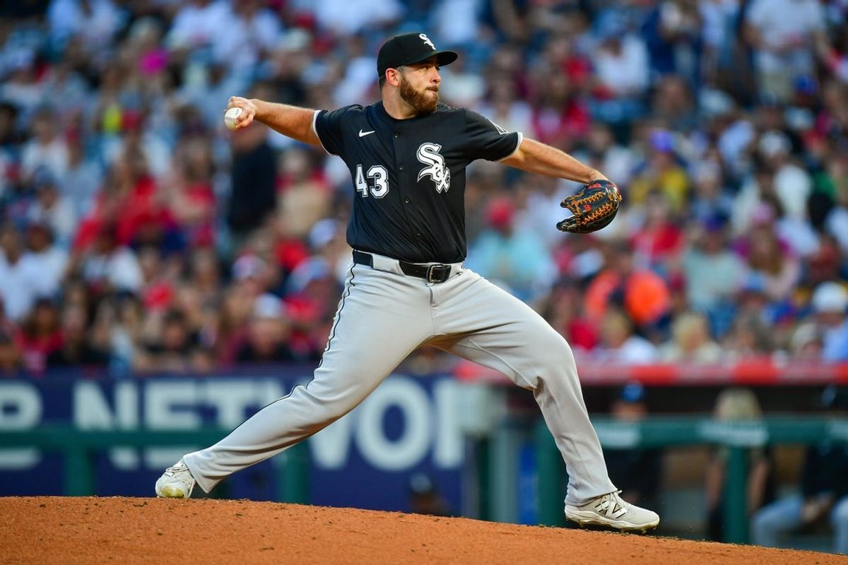 Aug 2, 2025; Anaheim, California, USA; Chicago White Sox pitcher Aaron Civale (43) throws against the Los Angeles Angels during the second inning at Angel Stadium. Mandatory Credit: Gary A. Vasquez-Imagn Images