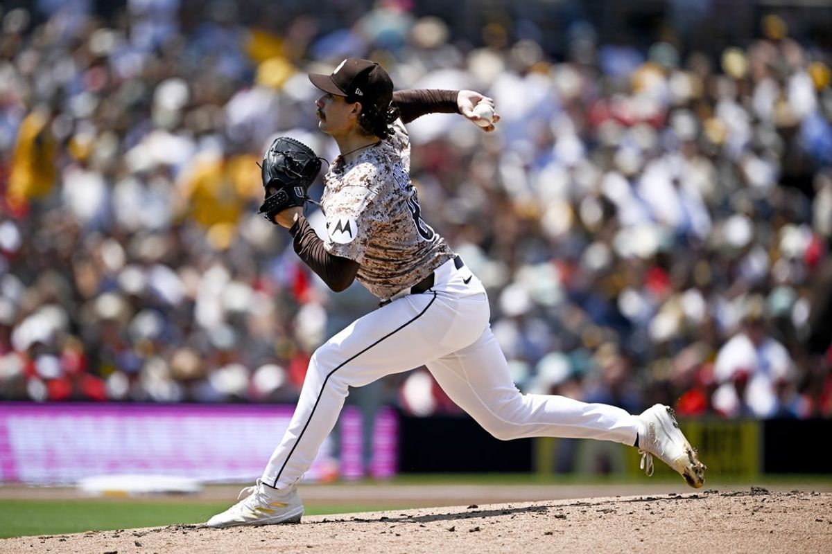 Aug 3, 2025; San Diego, California, USA; San Diego Padres starting pitcher Dylan Cease (84) delivers during the first inning against the St. Louis Cardinals at Petco Park. Mandatory Credit: Denis Poroy-Imagn Images