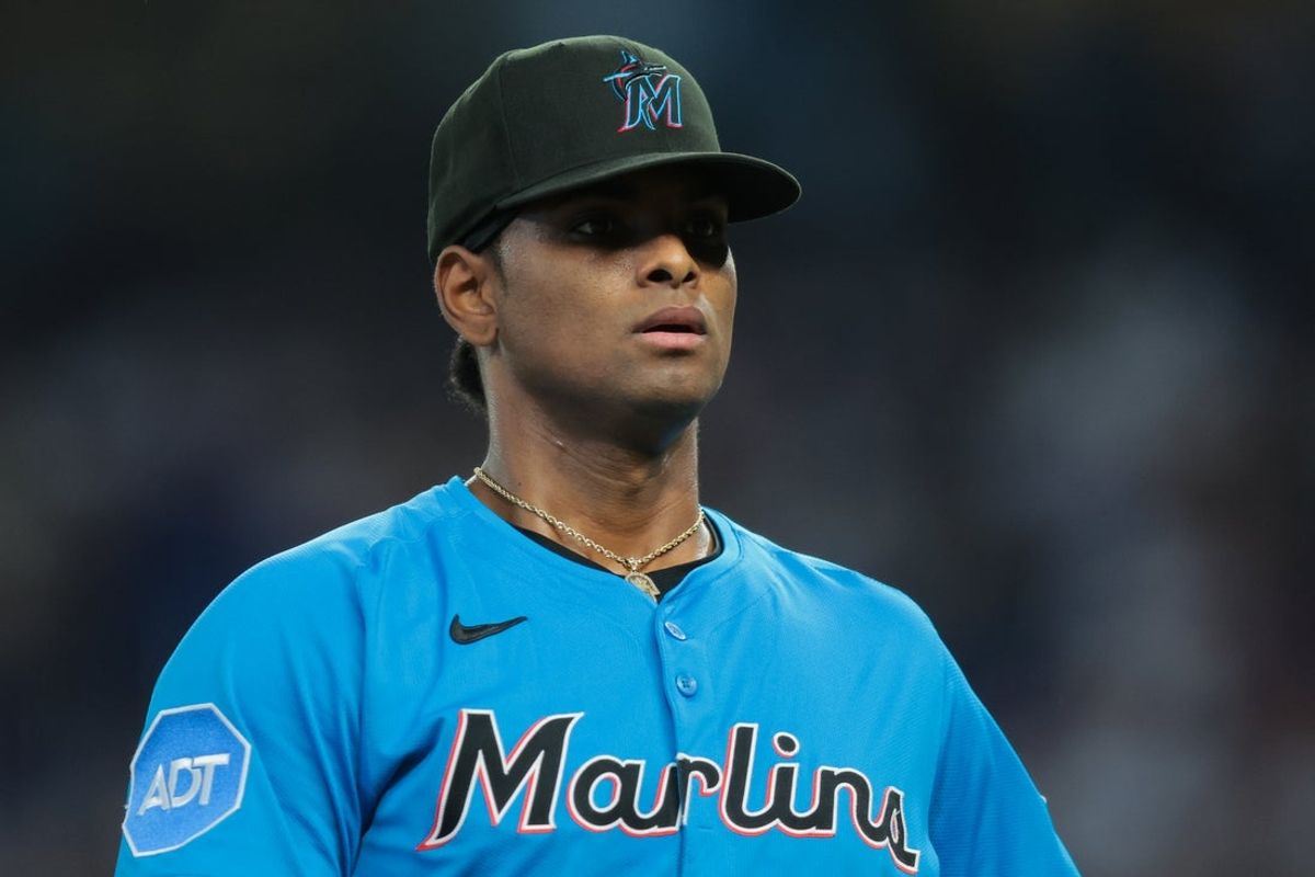 Aug 3, 2025; Miami, Florida, USA; Miami Marlins starting pitcher Edward Cabrera (27) looks on against the New York Yankees during the first inning at loanDepot Park. Mandatory Credit: Sam Navarro-Imagn Images