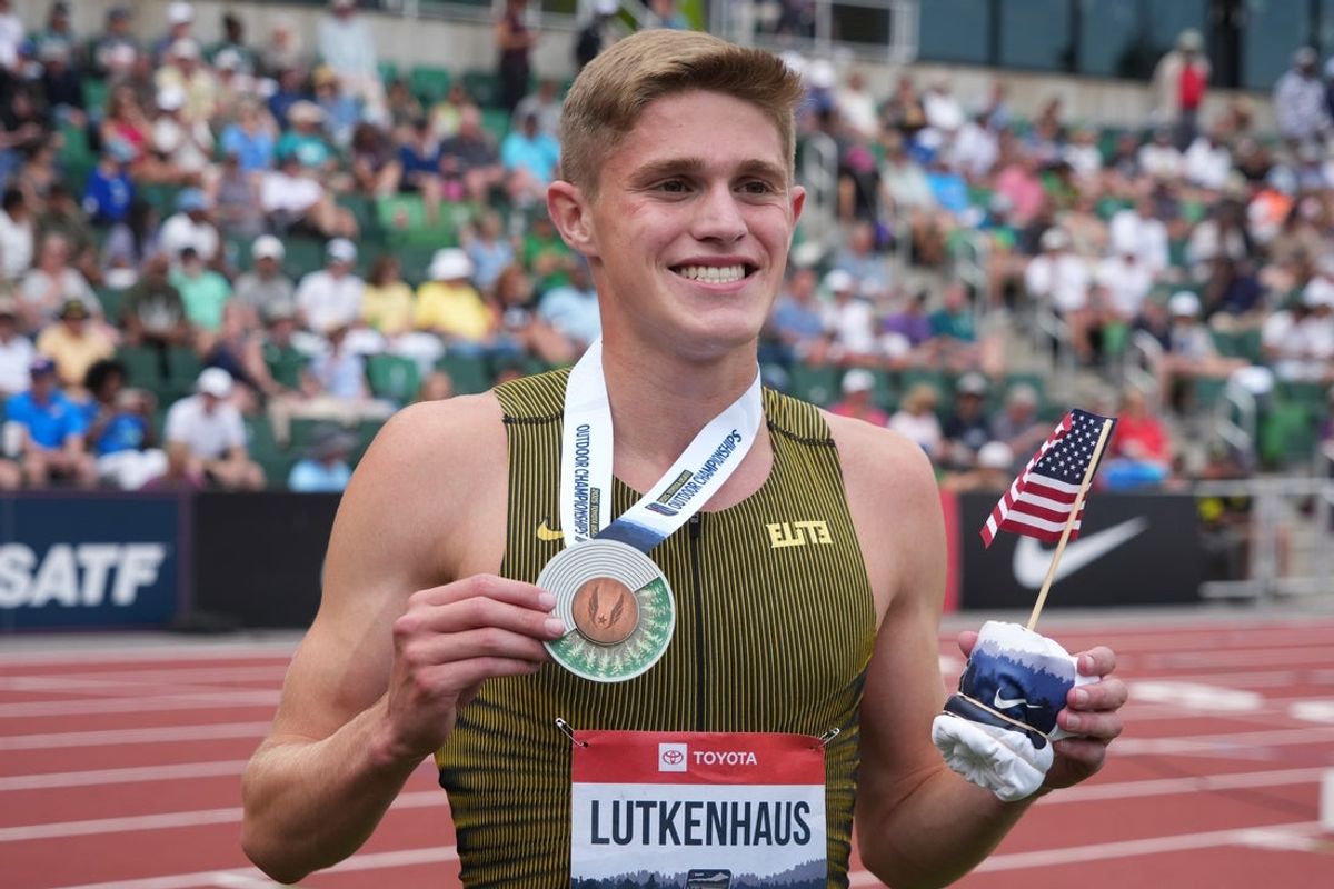 Aug 3, 2025; Eugene, OR, USA; Cooper Lutkenhaus poses after placing second in the 800m in a World U20 record 1:42.27 during the USATF Championships at Hayward Field. Mandatory Credit: Kirby Lee-Imagn Images