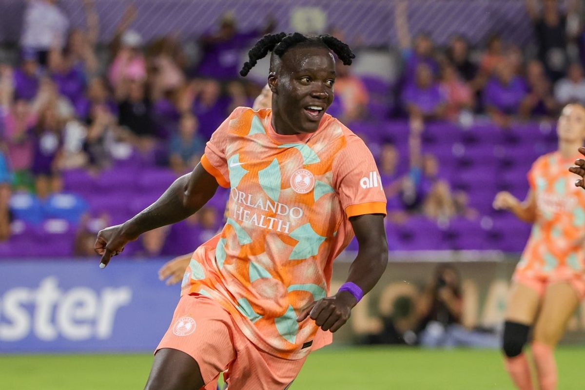 Aug 3, 2025; Orlando, Florida, USA; Orlando Pride forward Prisca Chilufya (9) reacts after scoring during the second half against Utah Royals FC at Inter&Co Stadium. Mandatory Credit: Mike Watters-Imagn Images