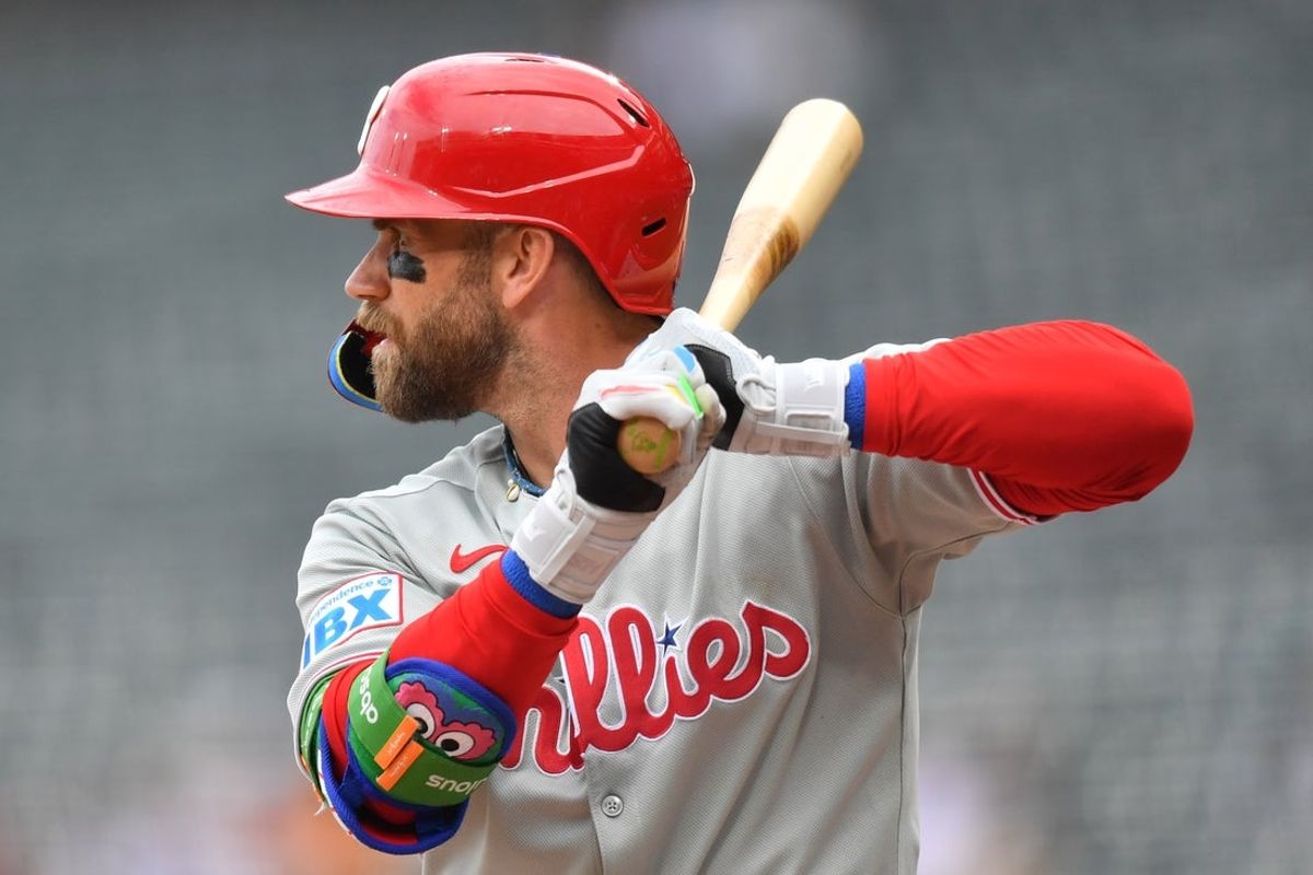 Jul 30, 2025; Chicago, Illinois, USA; Philadelphia Phillies first baseman Bryce Harper (3) at bat during a game against the Chicago White Sox at Rate Field. Mandatory Credit: Patrick Gorski-Imagn Images