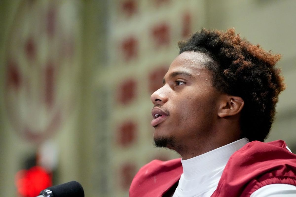 Aug. 4, 2025; Tuscaloosa, AL, USA; Alabama Crimson Tide players and coaches participate in a media day with reporters and fans at the Hank Crisp Indoor Practice Facility. Wide Receiver Ryan Williams speaks to members of the media.