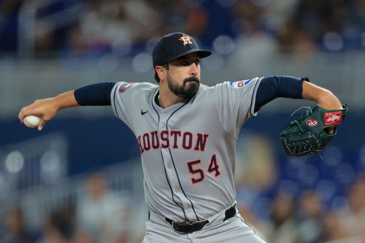 Aug 4, 2025; Miami, Florida, USA; Houston Astros starting pitcher Jason Alexander (54) delivers a pitch against the Miami Marlins during the first inning at loanDepot Park. Mandatory Credit: Sam Navarro-Imagn Images