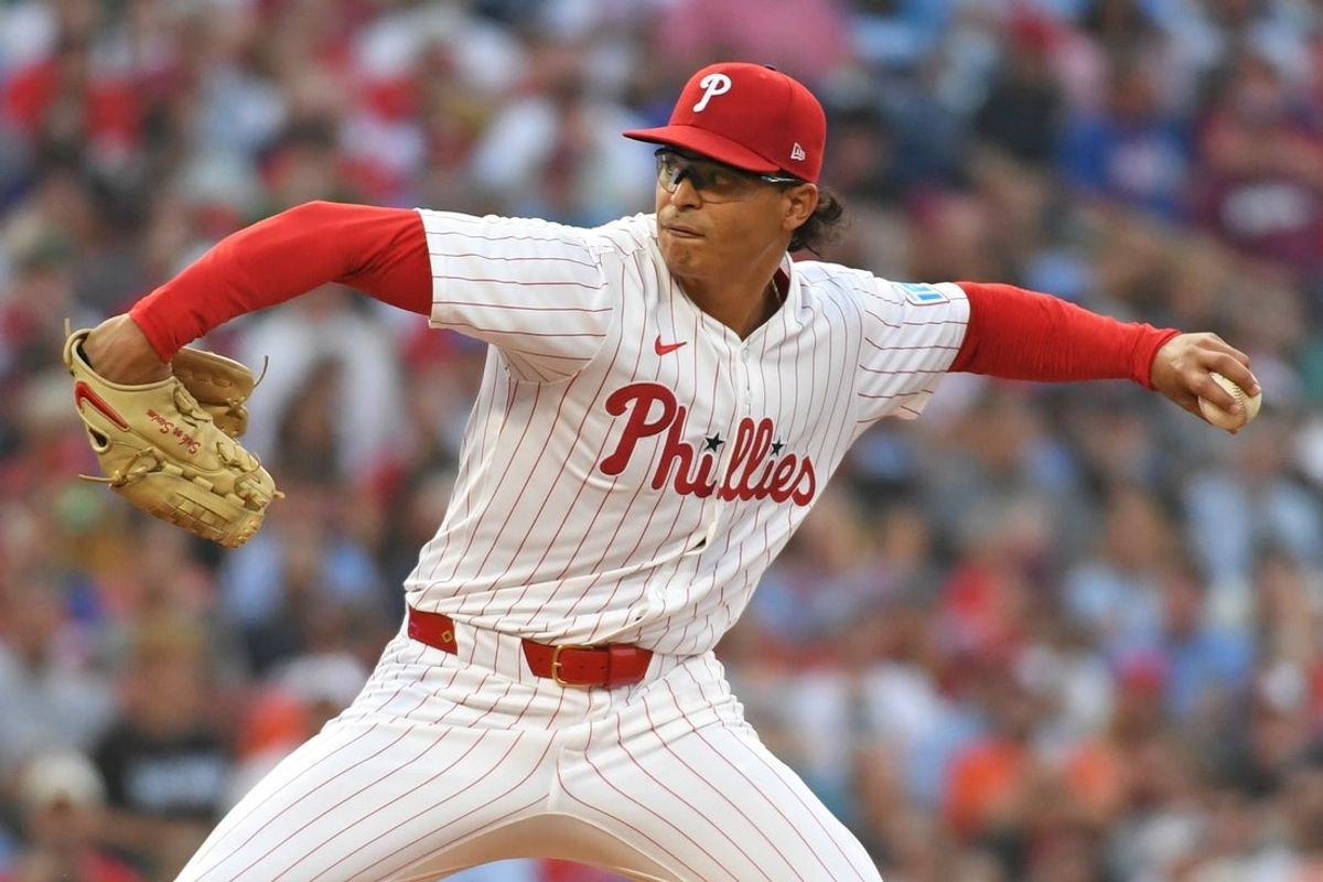 Aug 4, 2025; Philadelphia, Pennsylvania, USA;  Philadelphia Phillies pitcher Jesús Luzardo (44) throws a pitch during the third inning against the Baltimore Orioles at Citizens Bank Park. Mandatory Credit: Eric Hartline-Imagn Images