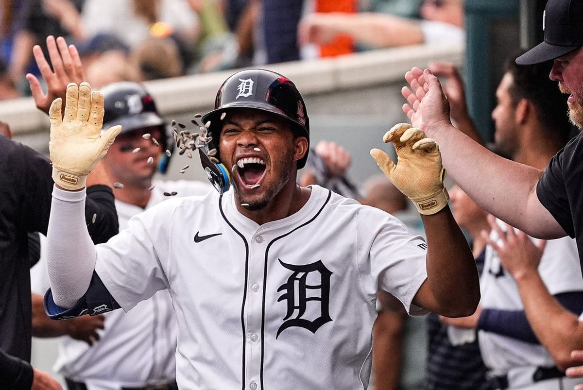 Detroit Tigers right fielder Wenceel Pérez (46) celebrates a 2-run home run against Minnesota Twins with first base Spencer Torkelson (20) during the fifth inning at Comerica Park in Detroit on Monday, August 4, 2025.