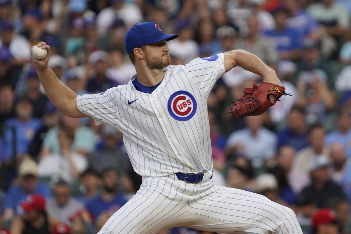 Aug 4, 2025; Chicago, Illinois, USA; Chicago Cubs pitcher Michael Soroka (41) throws the ball against the Cincinnati Reds during the first inning at Wrigley Field. Mandatory Credit: David Banks-Imagn Images