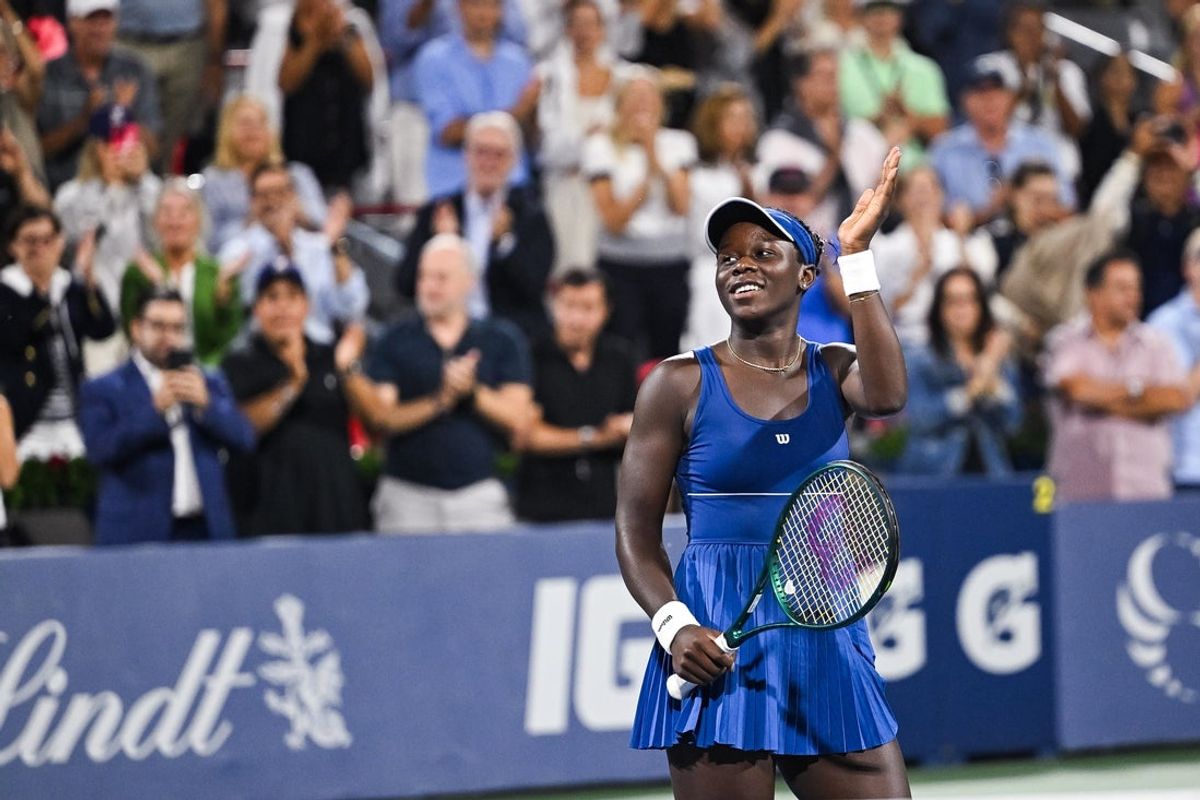 Aug 4, 2025; Montreal, QC, Canada; Victoria Mboko (CAN) salutes the crowd after her quarterfinal match win against Jessica Bouzas Maneiro (ESP) at IGA Stadium. Mandatory Credit: David Kirouac-Imagn Images