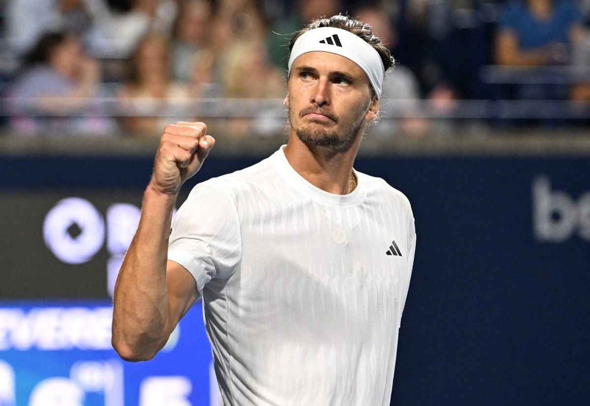 Aug 4, 2025; Toronto, ON, Canada;  Alexander Zverev (GER) celebrates after winning a set against Alexei Popyrin (AUS) during quarterfinal play at Sobeys Stadium. Mandatory Credit: Dan Hamilton-Imagn Images