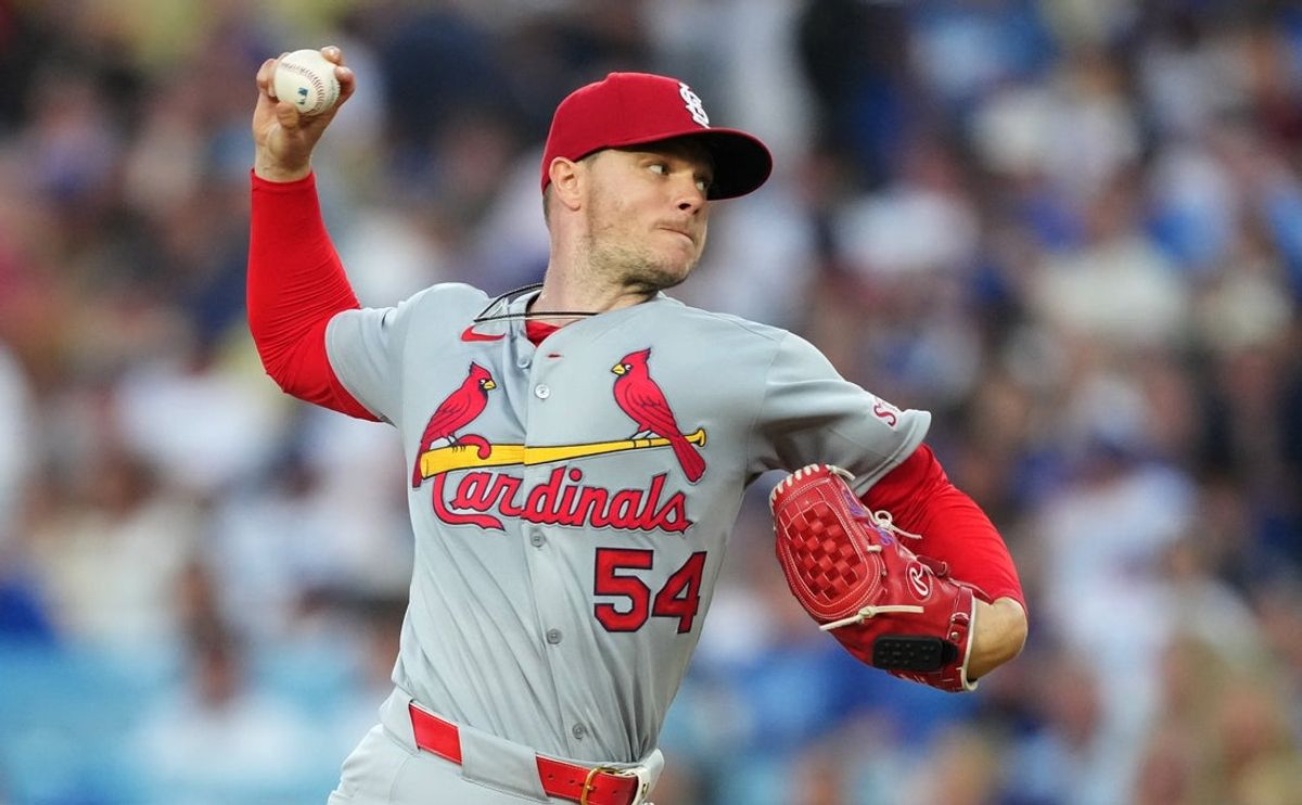 Aug 4, 2025; Los Angeles, California, USA; St. Louis Cardinals pitcher Sonny Gray (54) throws during the second inning against the Los Angeles Dodgers at Dodger Stadium. Mandatory Credit: Kirby Lee-Imagn Images