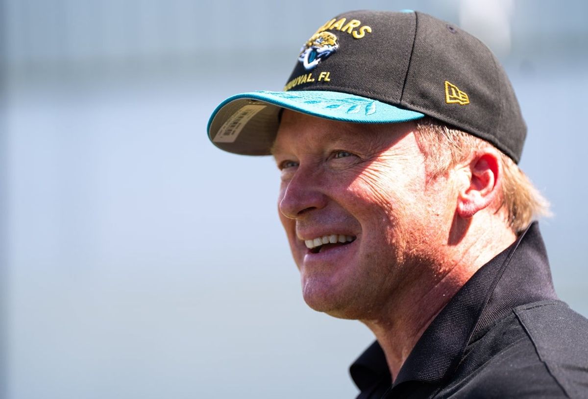 Former NFL coach Jon Gruden attends an NFL training camp session on Tuesday, Aug. 5, 2025, in Jacksonville, Fla. [Doug Engle/Florida Times-Union]