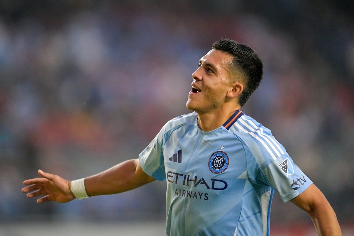 Aug 5, 2025; Bronx, NY, USA; New York City FC forward Alonso Martinez (16) celebrates his goal during the first half against Toluca FC at Yankee Stadium. Mandatory Credit: Mark Smith-Imagn Images
