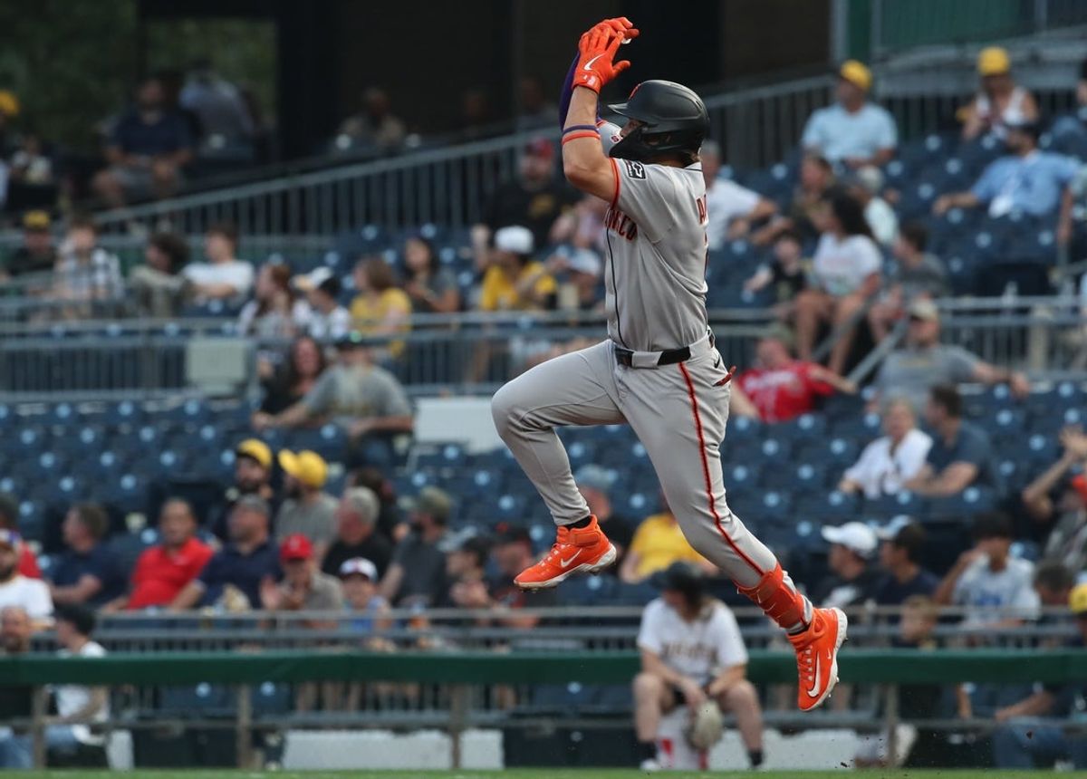 Aug 5, 2025; Pittsburgh, Pennsylvania, USA;  San Francisco Giants shortstop Willy Adames (2) reacts as he circles the bases on a two run home run against the Pittsburgh Pirates during the fifth inning at PNC Park. Mandatory Credit: Charles LeClaire-Imagn Images