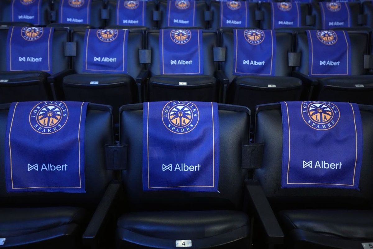 Aug 5, 2025; Los Angeles, California, USA; LA Sparks rally towels on the seats at the Crypto.com Arena during the game against the Indiana Fever. Mandatory Credit: Kirby Lee-Imagn Images