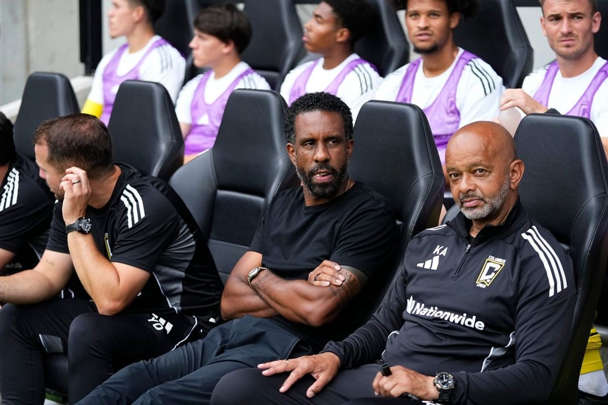 Columbus Crew head coach Wilfried Nancy watches from the bench prior to the Leagues Cup soccer match against Club Leon at Lower.com Field in Columbus on Aug. 5, 2025.