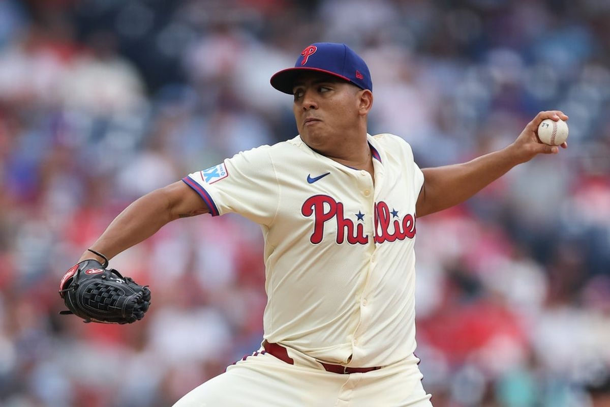 Aug 6, 2025; Philadelphia, Pennsylvania, USA; Philadelphia Phillies pitcher Ranger Suarez (55) throws a pitch during the first inning against the Baltimore Orioles at Citizens Bank Park. Mandatory Credit: Bill Streicher-Imagn Images
