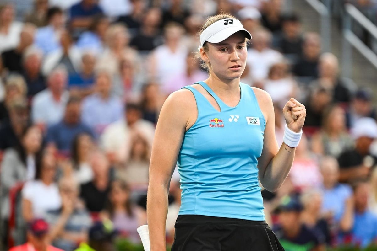 Aug 6, 2025; Montreal, QC, Canada; Elena Rybakina (KAZ) reacts after winning a point against Victoria Mboko (CAN) in semifinal play at IGA Stadium. Mandatory Credit: David Kirouac-Imagn Images