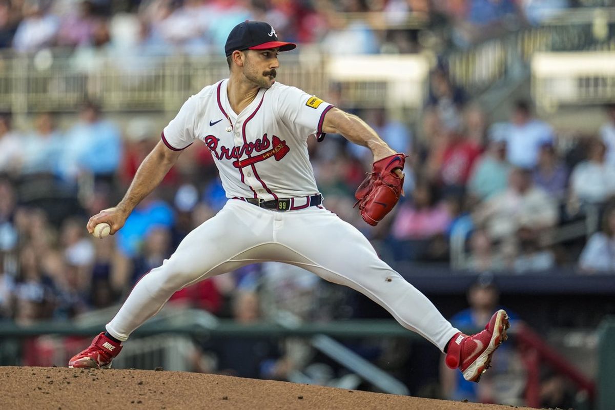 Aug 6, 2025; Cumberland, Georgia, USA; Atlanta Braves pitcher Spencer Strider (99) pitches against the Milwaukee Brewers during the second inning at Truist Park. Mandatory Credit: Dale Zanine-Imagn Images