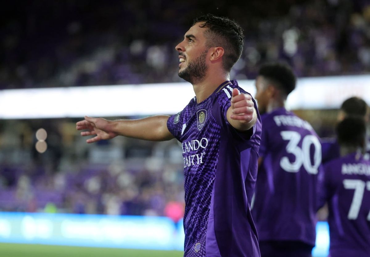 Aug 6, 2025; Orlando, FL, USA; Orlando City midfielder Martin Ojeda (10) celebrates  with teammates after scoring a goal against the Club Necaxa during the second half at Inter&Co Stadium. Mandatory Credit: Kim Klement Neitzel-Imagn Images