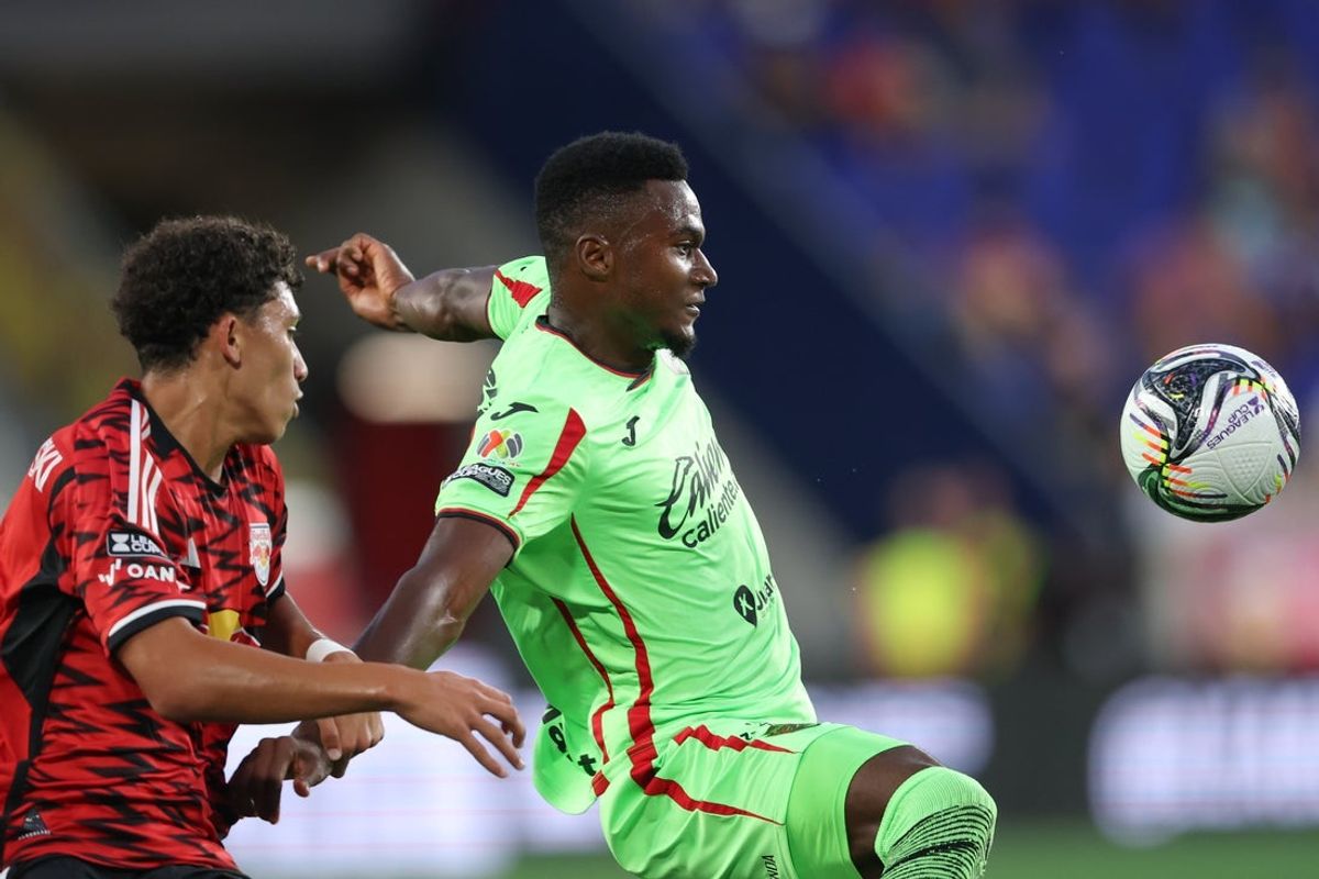 Aug 7, 2025; Harrison, NJ, USA; FC Juarez defender Moises Mosquera (3) plays the ball against New York Red Bulls forward Julian Hall (16) during the first half at Sports Illustrated Stadium. Mandatory Credit: Vincent Carchietta-Imagn Images