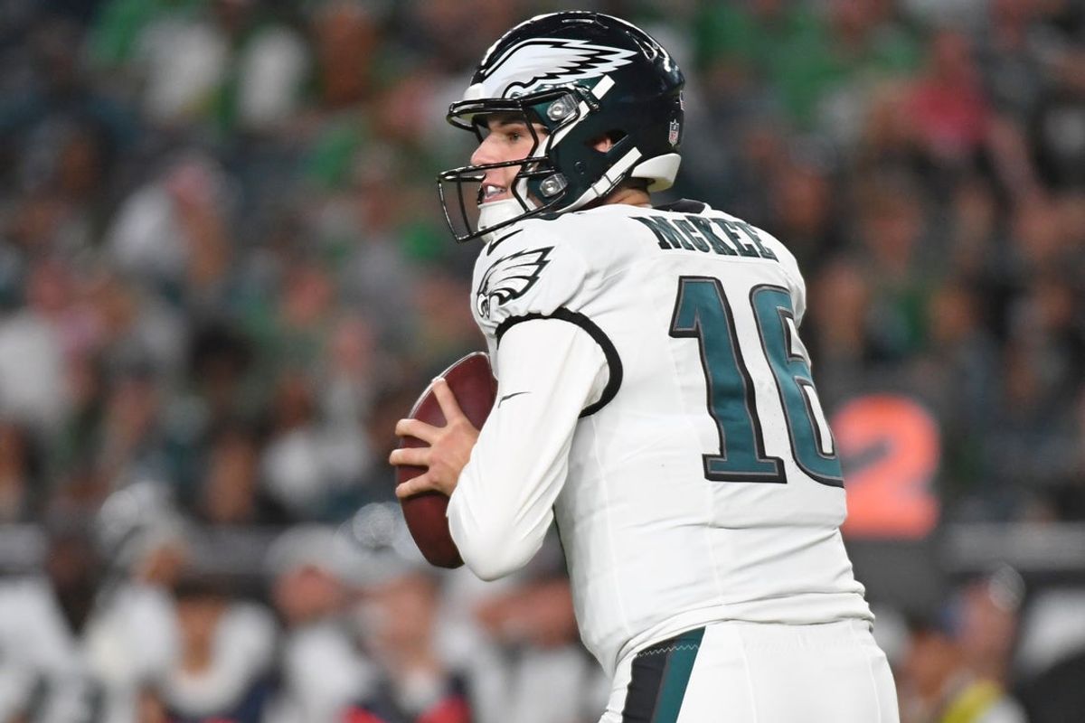 Aug 7, 2025; Philadelphia, Pennsylvania, USA; Philadelphia Eagles quarterback Tanner McKee (16) against the Cincinnati Bengals during the second quarter at Lincoln Financial Field. Mandatory Credit: Eric Hartline-Imagn Images