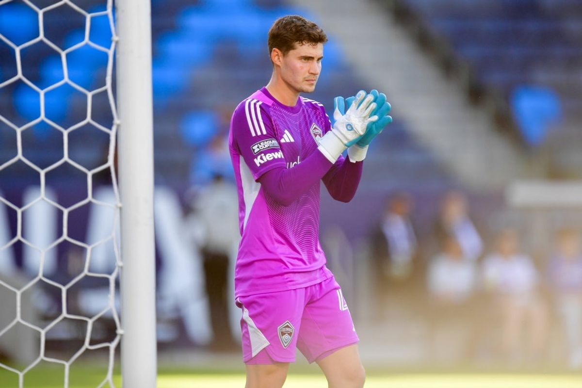 Aug 7, 2025; Carson, CA, USA; Colorado Rapids goalkeeper Nico Hansen (41) reacts during the first half at Dignity Health Sports Park. Mandatory Credit: Gary A. Vasquez-Imagn Images