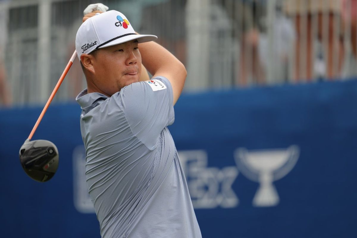 Aug 2, 2025; Greensboro, North Carolina, USA; Sungjae Im drives off the 10th tee box during the third round of the Wyndham Championship golf tournament. Mandatory Credit: Allison Lawhon-Imagn Images
