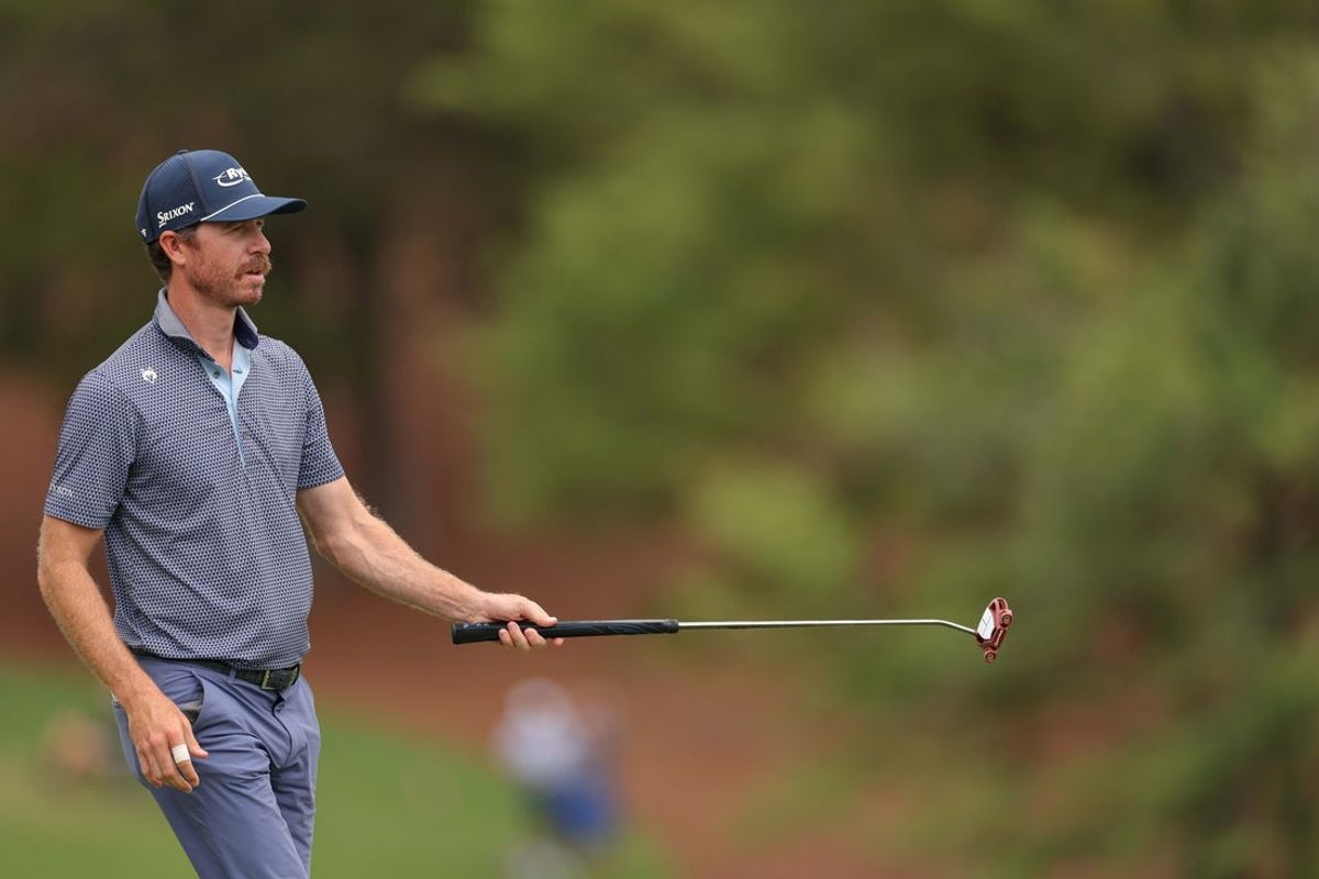 Aug 2, 2025; Greensboro, North Carolina, USA; Sam Ryder after his putt on the 18th green during the third round of the Wyndham Championship golf tournament. Mandatory Credit: Allison Lawhon-Imagn Images