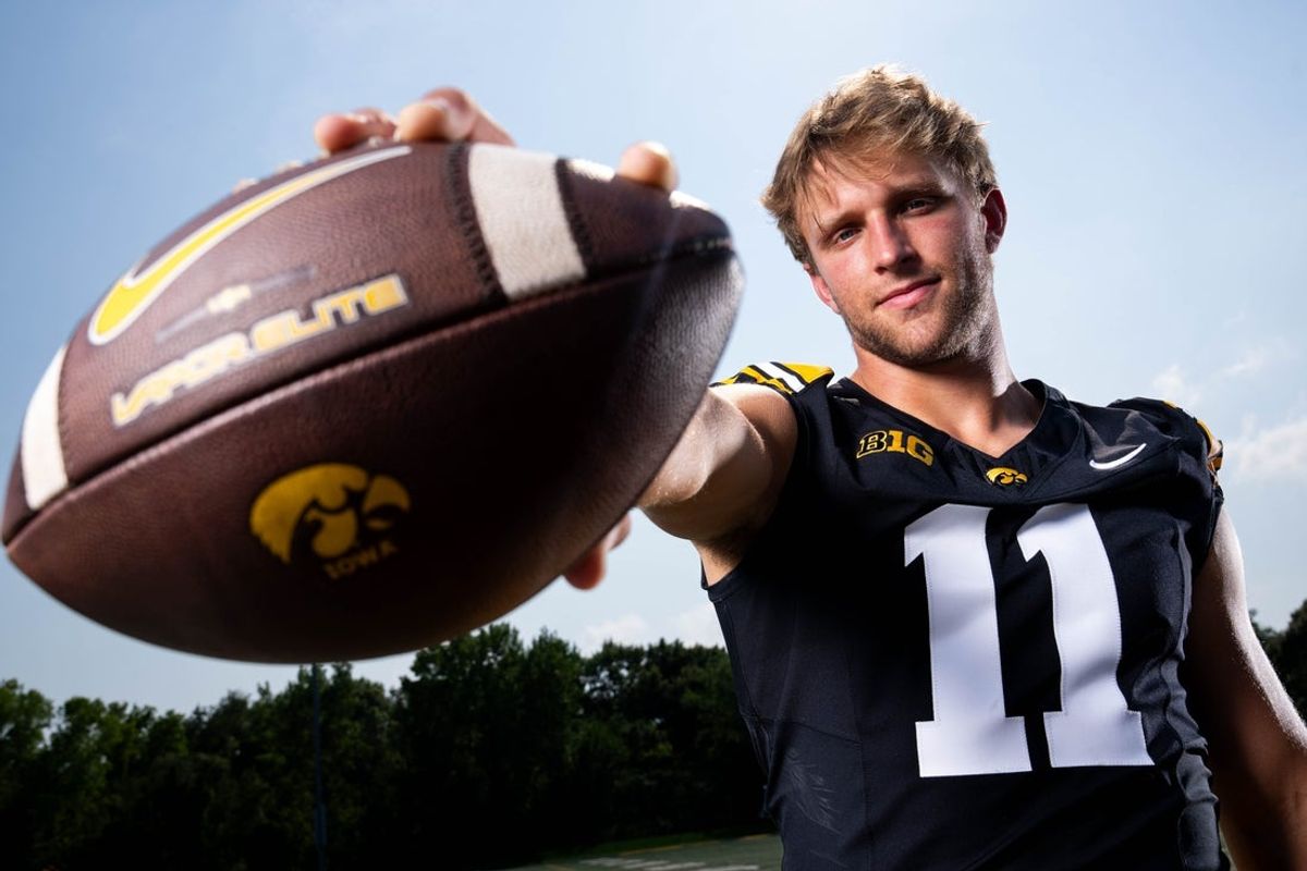 Quarterback Mark Gronowski stands for a photo during Iowa Football’s media day on Aug. 8, 2025, in Iowa City.