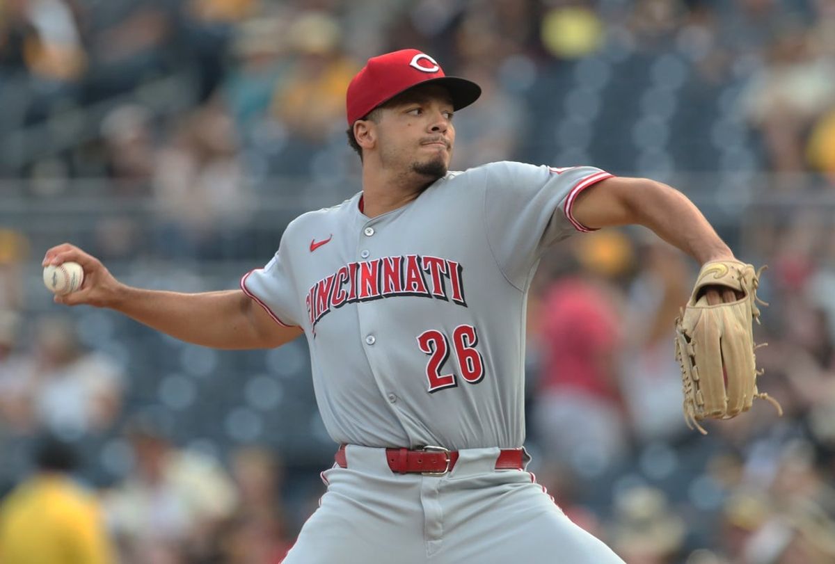 Aug 8, 2025; Pittsburgh, Pennsylvania, USA;  Cincinnati Reds starting pitcher Chase Burns (26) delivers a pitch against the Pittsburgh Pirates during the first inning at PNC Park. Mandatory Credit: Charles LeClaire-Imagn Images