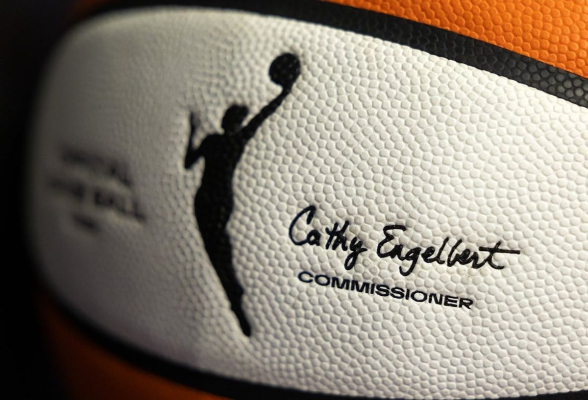 Aug 7, 2025; Phoenix, Arizona, USA; Detailed view of the name of WNBA commissioner Cathy Engelbert on an official WNBA basketball during a WNBA game at PHX Arena. Mandatory Credit: Mark J. Rebilas-Imagn Images