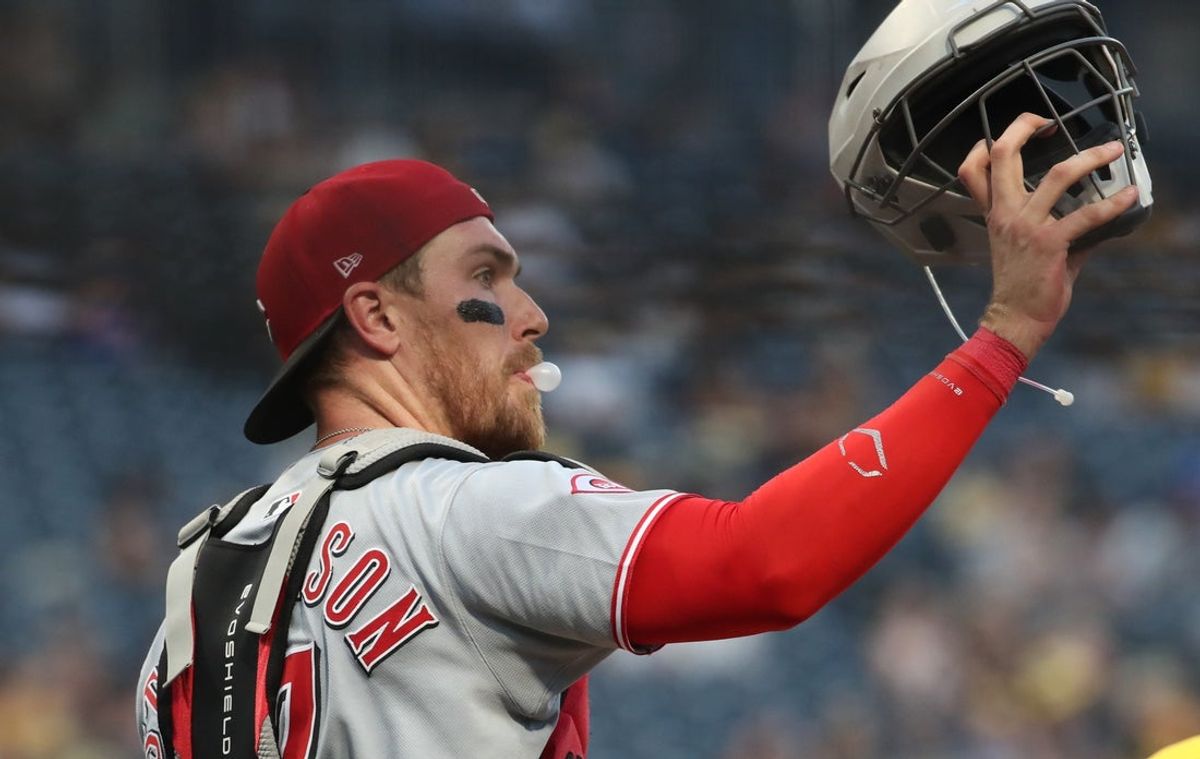 Aug 8, 2025; Pittsburgh, Pennsylvania, USA;  Cincinnati Reds catcher Tyler Stephenson (37) returns behind the plate against the Pittsburgh Pirates during the fifth inning at PNC Park. Mandatory Credit: Charles LeClaire-Imagn Images